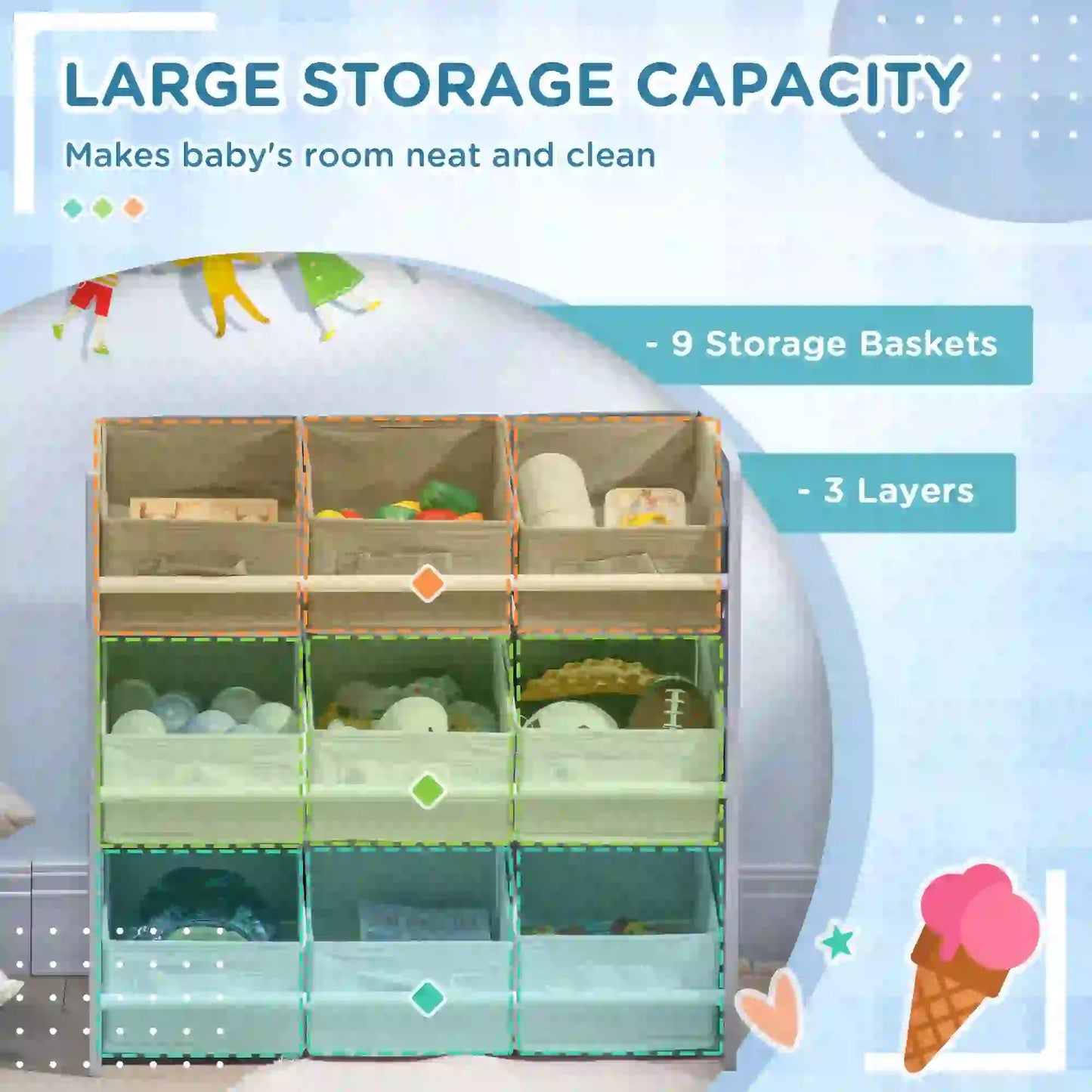 ZONEKIZ Kids Storage Rack with Nine Removable Baskets for Nursery, Bedroom, Playroom - Grey