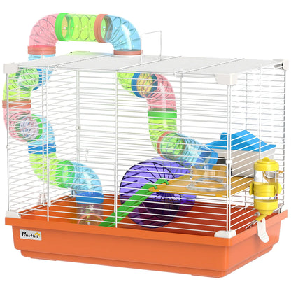 PawHut 2 Tier Hamster Cage, Gerbil Cage with Handle, Exercise Wheels, Tunnel, Water Bottle, Ladder for Dwarf