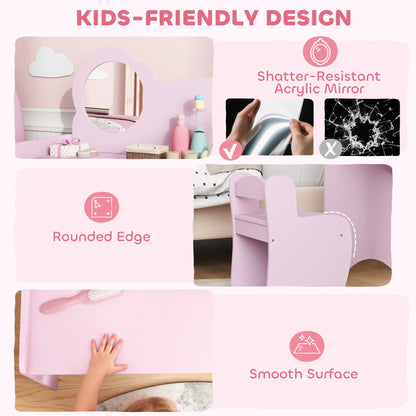 AIYAPLAY Kids Dressing Table with Mirror, Stool, Kids Vanity Table with Shelves for Ages 3-8 Years, Pink