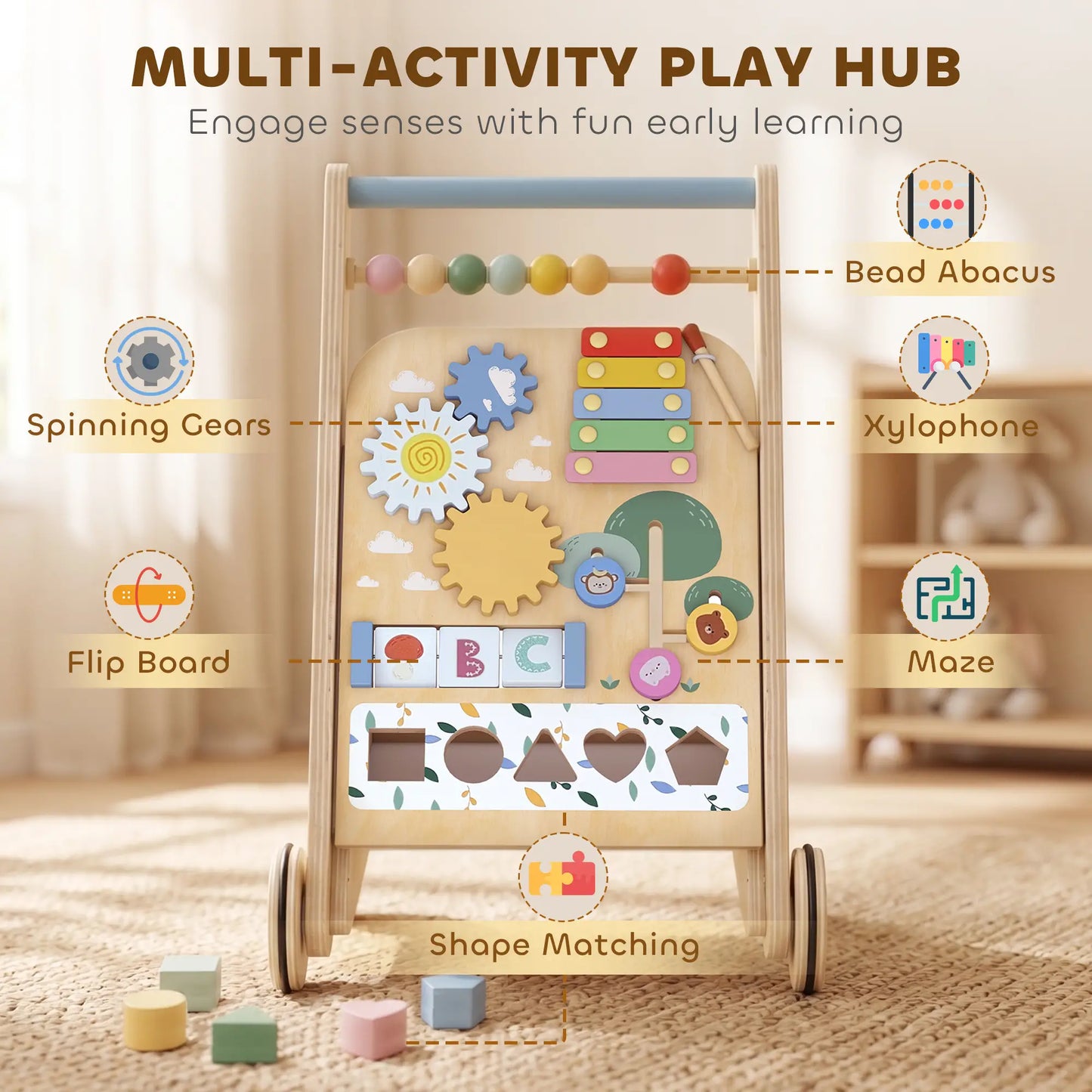 AIYAPLAY Wooden Baby Walker, Toddler Push Along Walker with Speed Control, Activity Centre for 18 Months+