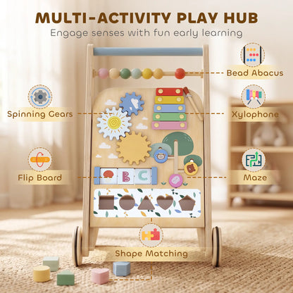 AIYAPLAY Wooden Baby Walker, Toddler Push Along Walker with Speed Control, Activity Centre for 18 Months+