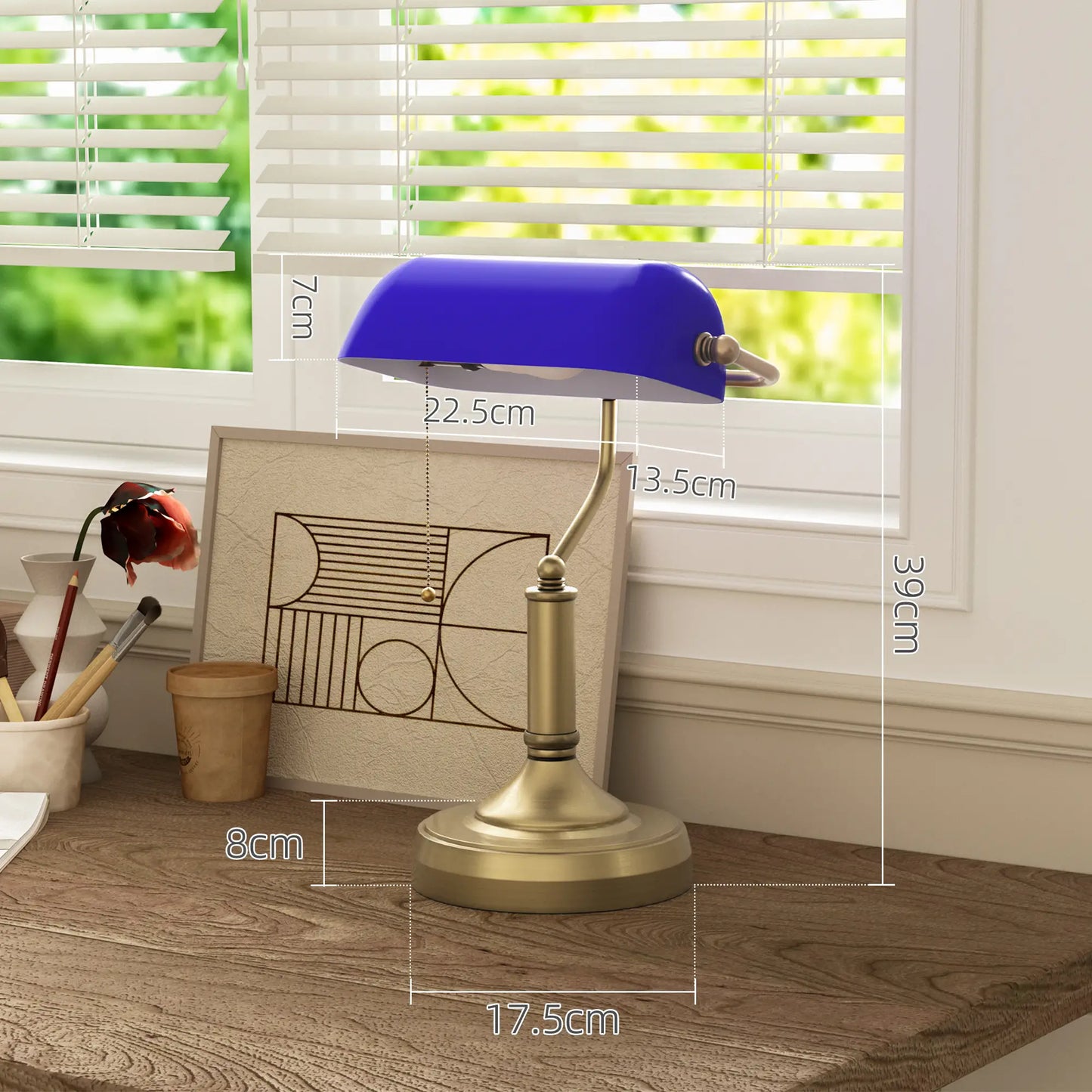 HOMCOM Banker's Desk Lamp with Antique Bronze Tone Base, Table Lamp with Glass Shade for Home Office, Blue