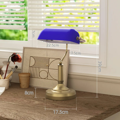 HOMCOM Banker's Desk Lamp with Antique Bronze Tone Base, Table Lamp with Glass Shade for Home Office, Blue