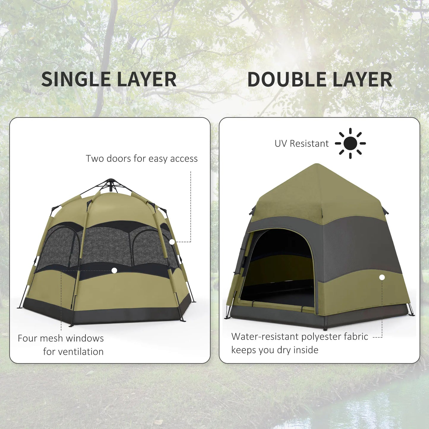 Outsunny Six Man Hexagon Camping Tent with Hang Hook & Carry Bag - Dark Green, Light Grey