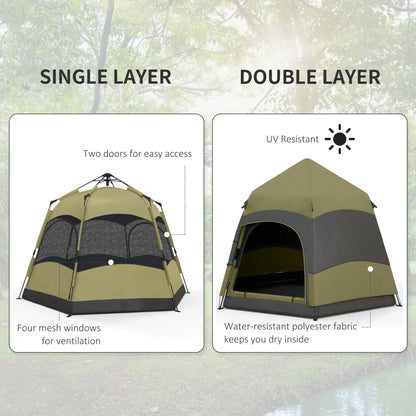 Outsunny Six Man Hexagon Camping Tent with Hang Hook & Carry Bag - Dark Green, Light Grey