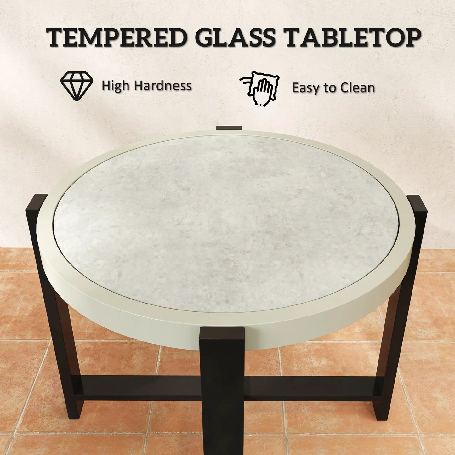 Outsunny Round Small Garden Outdoor Side Table with Faux Marble Tempered Glass Top, Aluminium Frame, Light Grey