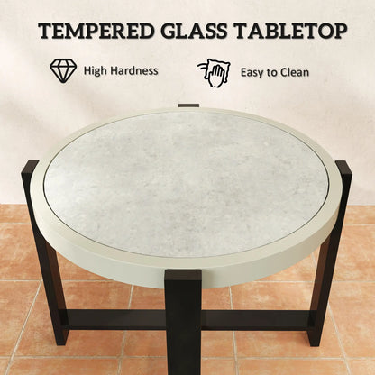 Outsunny Round Small Garden Outdoor Side Table with Faux Marble Tempered Glass Top, Aluminium Frame, Light Grey