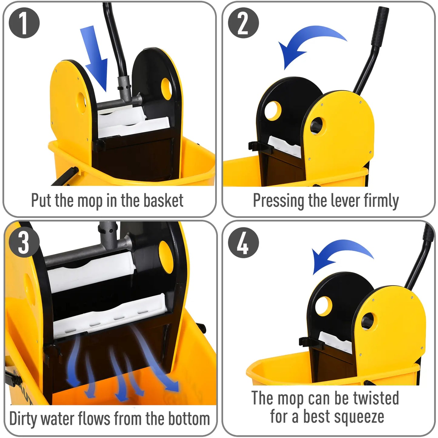 HOMCOM 25L Cleaning Mop Bucket, with Wringer, Wheels and Handle - Yellow