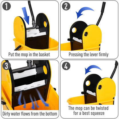 HOMCOM 25L Cleaning Mop Bucket, with Wringer, Wheels and Handle - Yellow