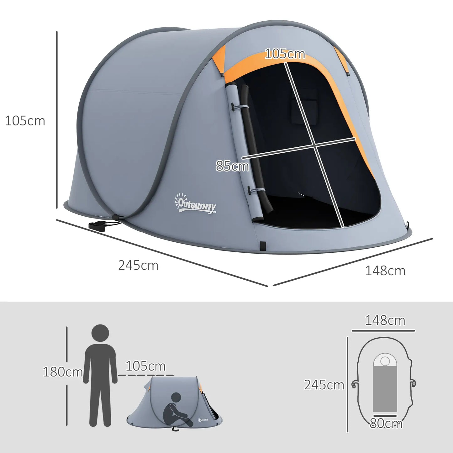 Outsunny Two-Man Pop-Up Dome Camping Tent, with Accessories, Water-Resistant - Grey