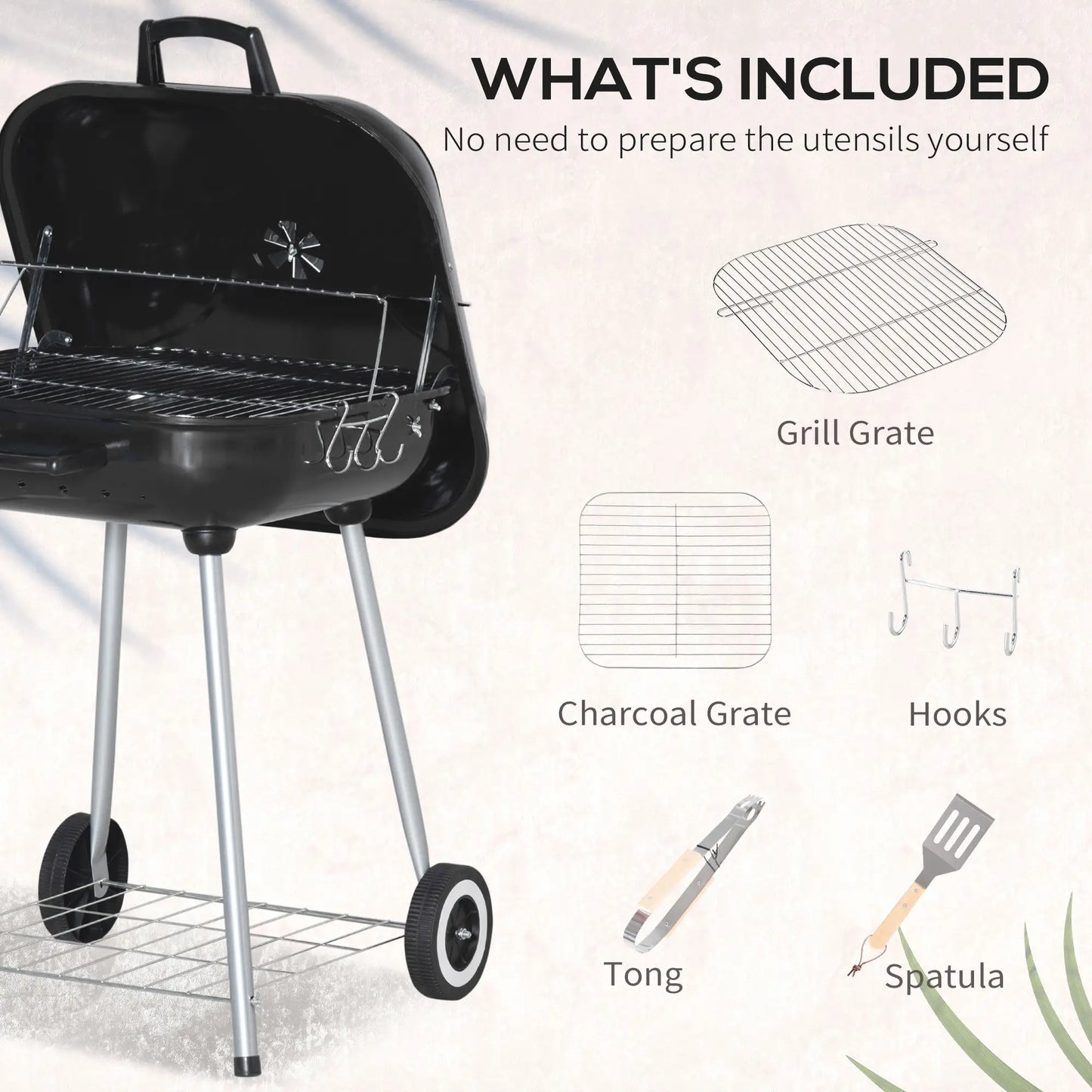 Outsunny Portable BBQ Charcoal Grill with Cooking Utensils, Smoker Grill with Lid for Outdoor Barbecues, Camping, Picnic