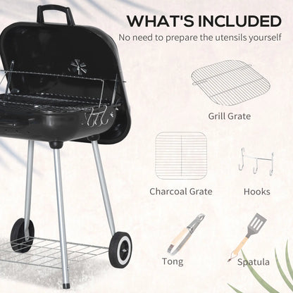 Outsunny Portable BBQ Charcoal Grill with Cooking Utensils, Smoker Grill with Lid for Outdoor Barbecues, Camping, Picnic