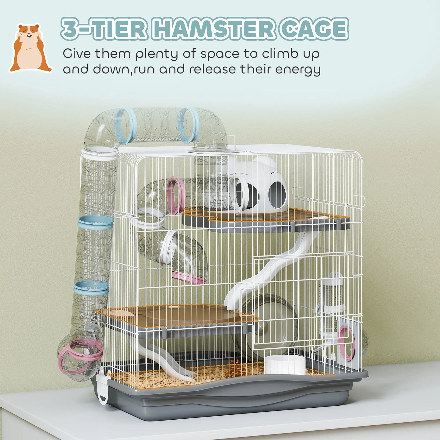 PawHut 3-Tier Hamster Cage with Exercise Wheels, Water Bottle, Food Dish, for Dwarf Hamsters, Grey