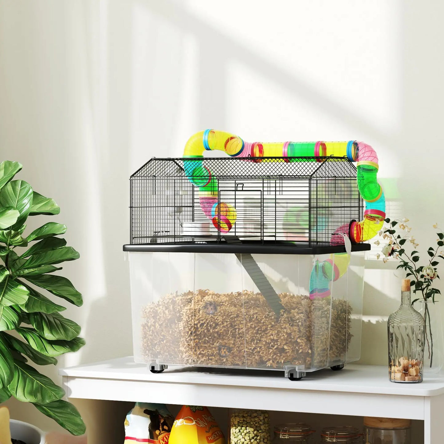 PawHut Two-Tier Hamster Cage with Deep Tray, Tube System, Water Bottle, Ramp, Feeding Bowl, Multicoloured