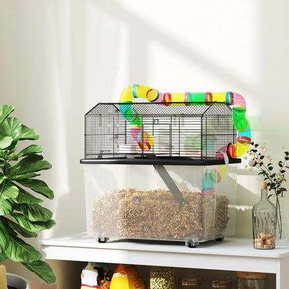 PawHut Two-Tier Hamster Cage with Deep Tray, Tube System, Water Bottle, Ramp, Feeding Bowl, Multicoloured