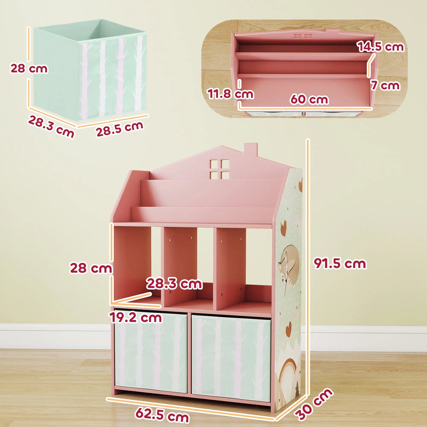 AIYAPLAY Kids Bookshelf with Toy Storage, Book Shelves and Fabric Drawers for Playroom, Pink