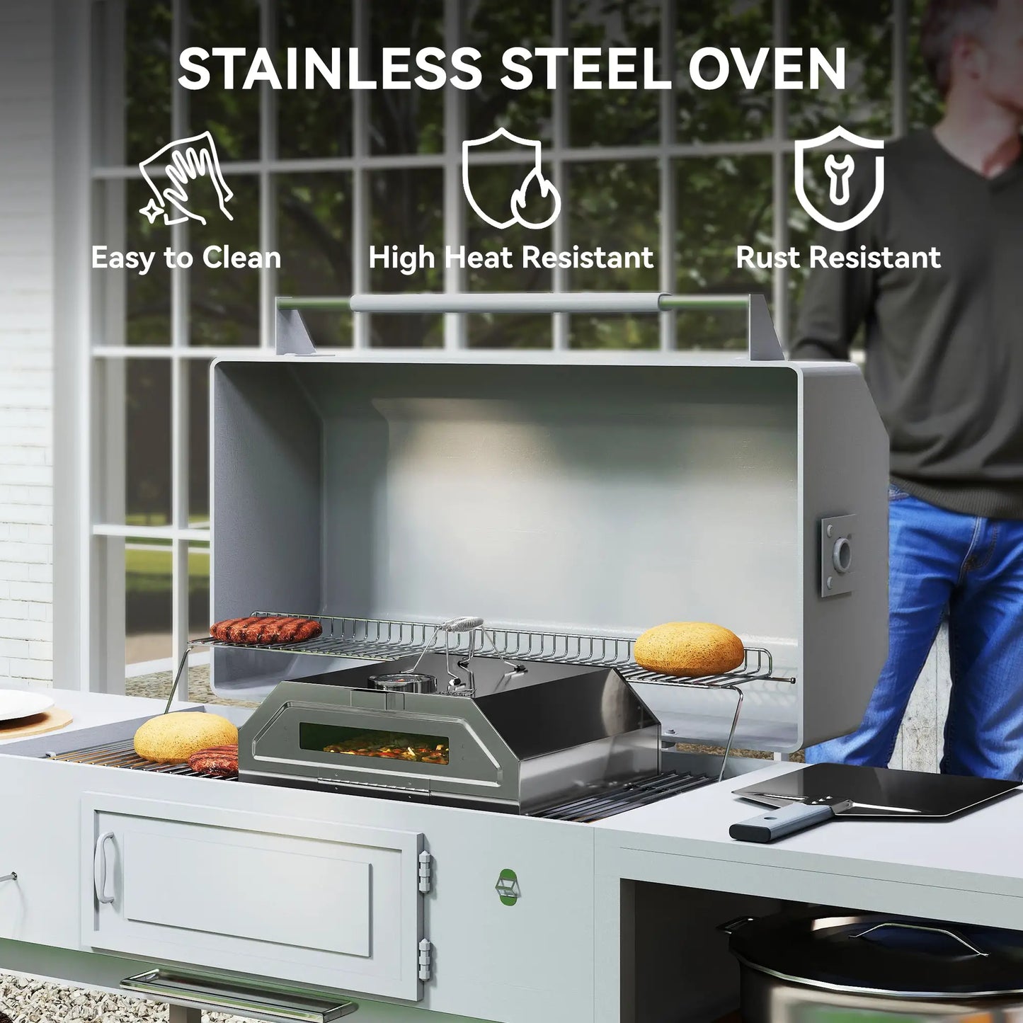 Outsunny 8 in Portable Charcoal, Gas Stainless Steel BBQ Grill Top Pizza Oven with Viewing Window