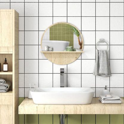 kleankin 45cm Round Home Bathroom Mirror, with Shelf - Natural Wood Effect
