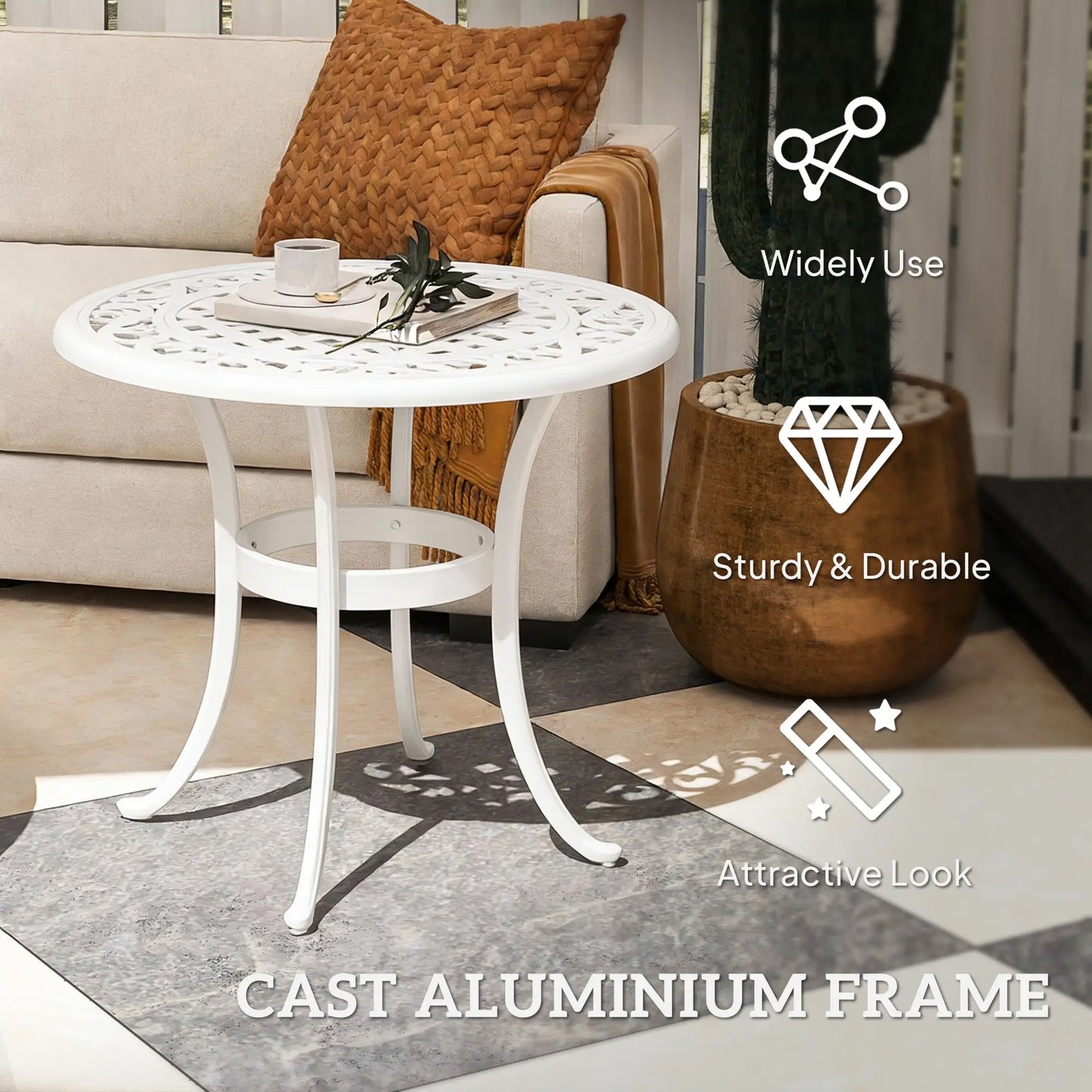 Outsunny Round Garden Table, Cast Aluminium Outdoor Patio Table, White