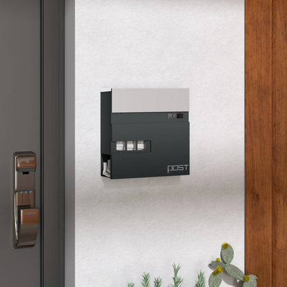 HOMCOM Locking Galvanised Steel Letterbox w/ Viewing Window Post Box, Mailbox - Charcoal Grey/Black