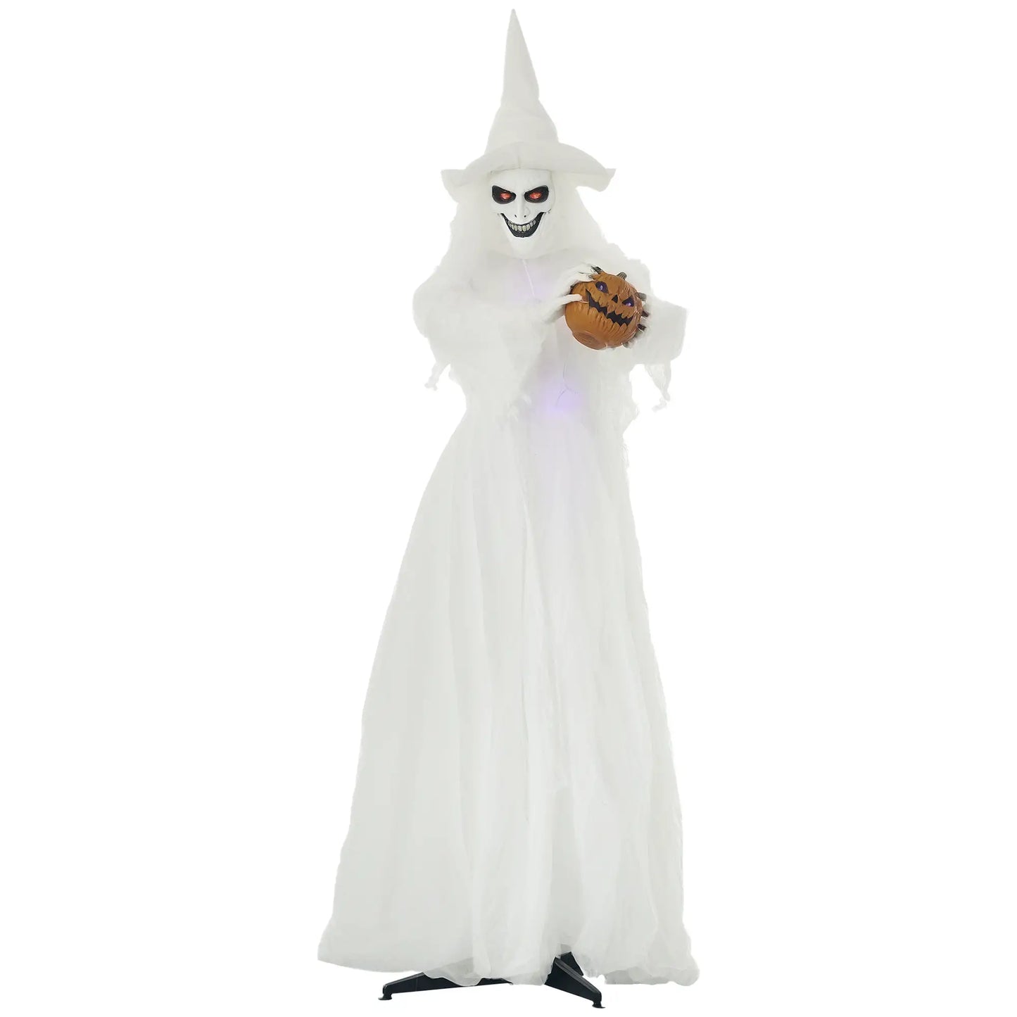 Outsunny Halloween Decorations White Witch Holding Pumpkin Head, Ghost Prop with Light Up Eyes & Body