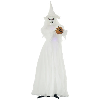 Outsunny Halloween Decorations White Witch Holding Pumpkin Head, Ghost Prop with Light Up Eyes & Body