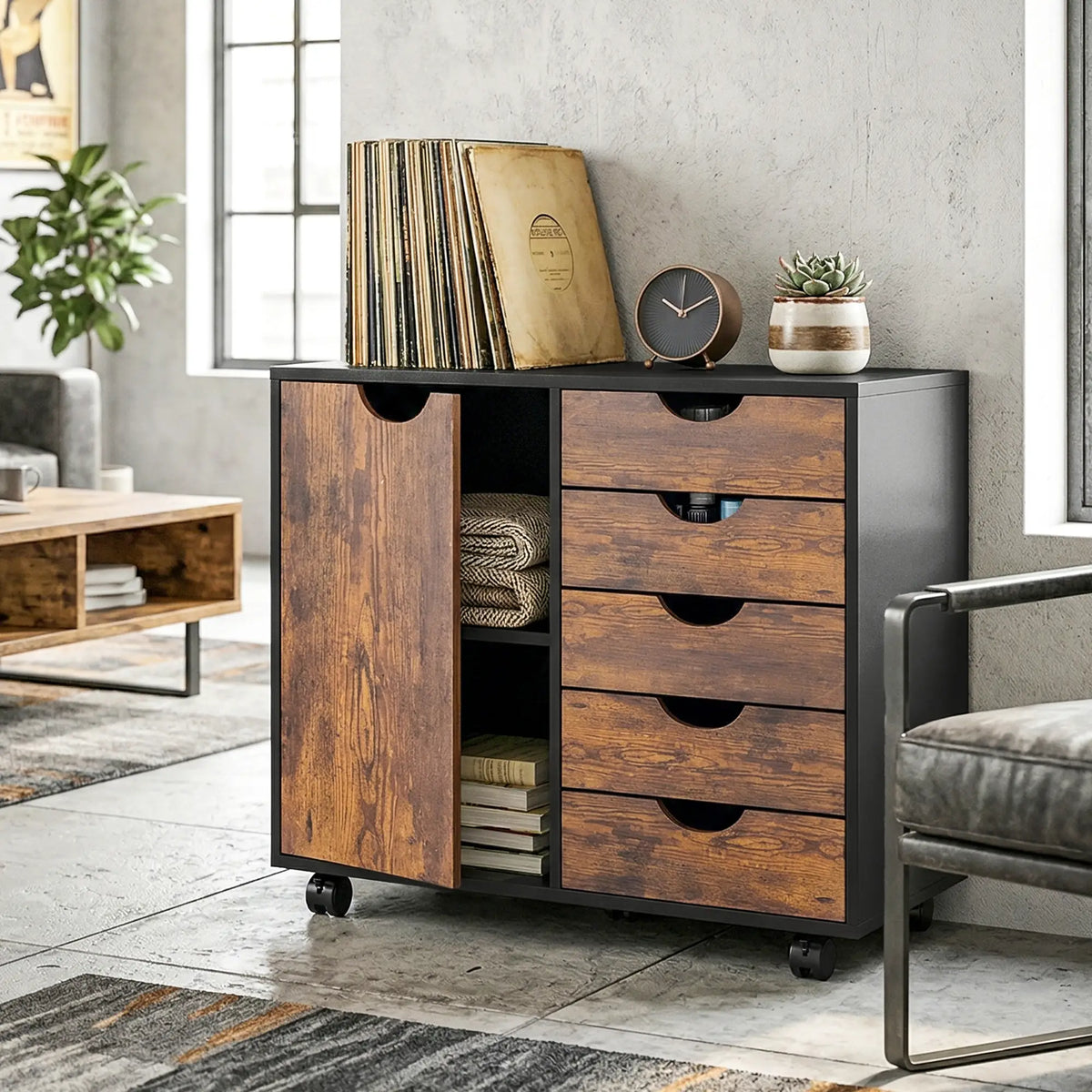 HOMCOM Multi-Storage Mobile Office Storage Cabinet with Five Wheels- Rustic Brown
