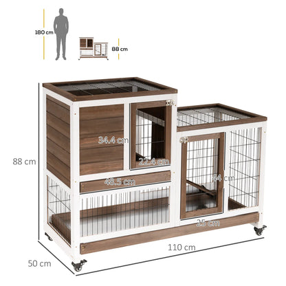 PawHut Two-Tier Rabbit Hutch Pet Cage, with Wheels, Fir Wood Structure - Brown