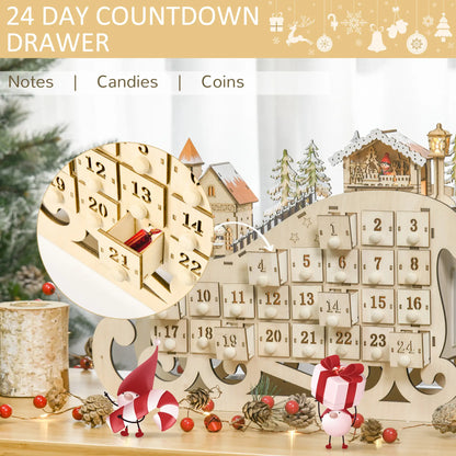 HOMCOM Christmas Advent Calendar, 2021 Light Up Table Xmas Wooden Sleigh Holiday Decoration with Countdown Drawer, Natural Wood Color