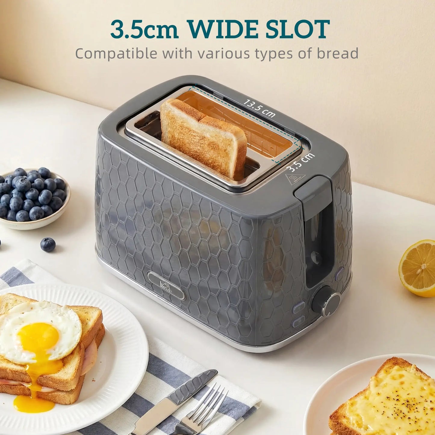 HOMCOM Kettle & Toaster Set, 1.7L 3000W Rapid Kettle, 2 Slice Toaster with 7 Browning Controls, Grey