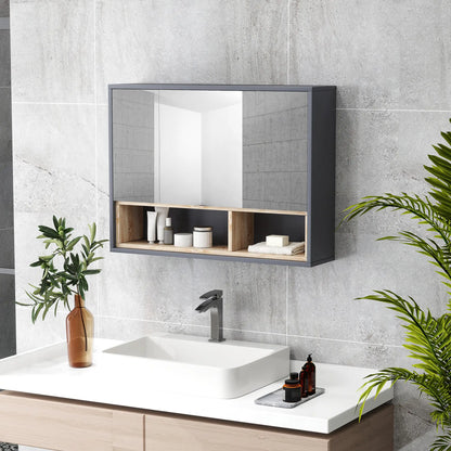 HOMCOM Bathroom Mirror Cabinet, Wall Mounted Cabinet with Mirror, 3 Doors & Cupboards, Grey