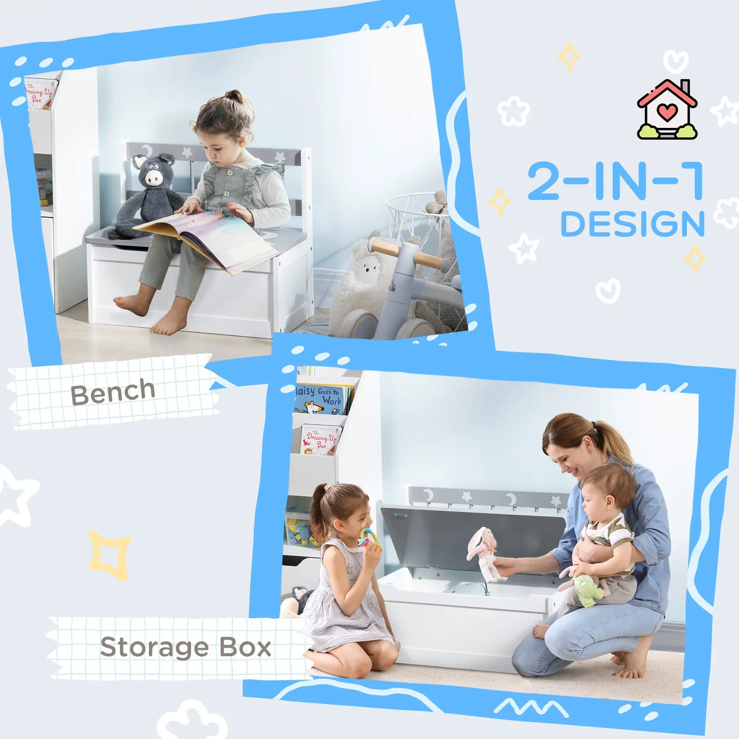 ZONEKIZ 2 In 1 Kids Storage Bench, Toy Box with Safety Rod - Grey