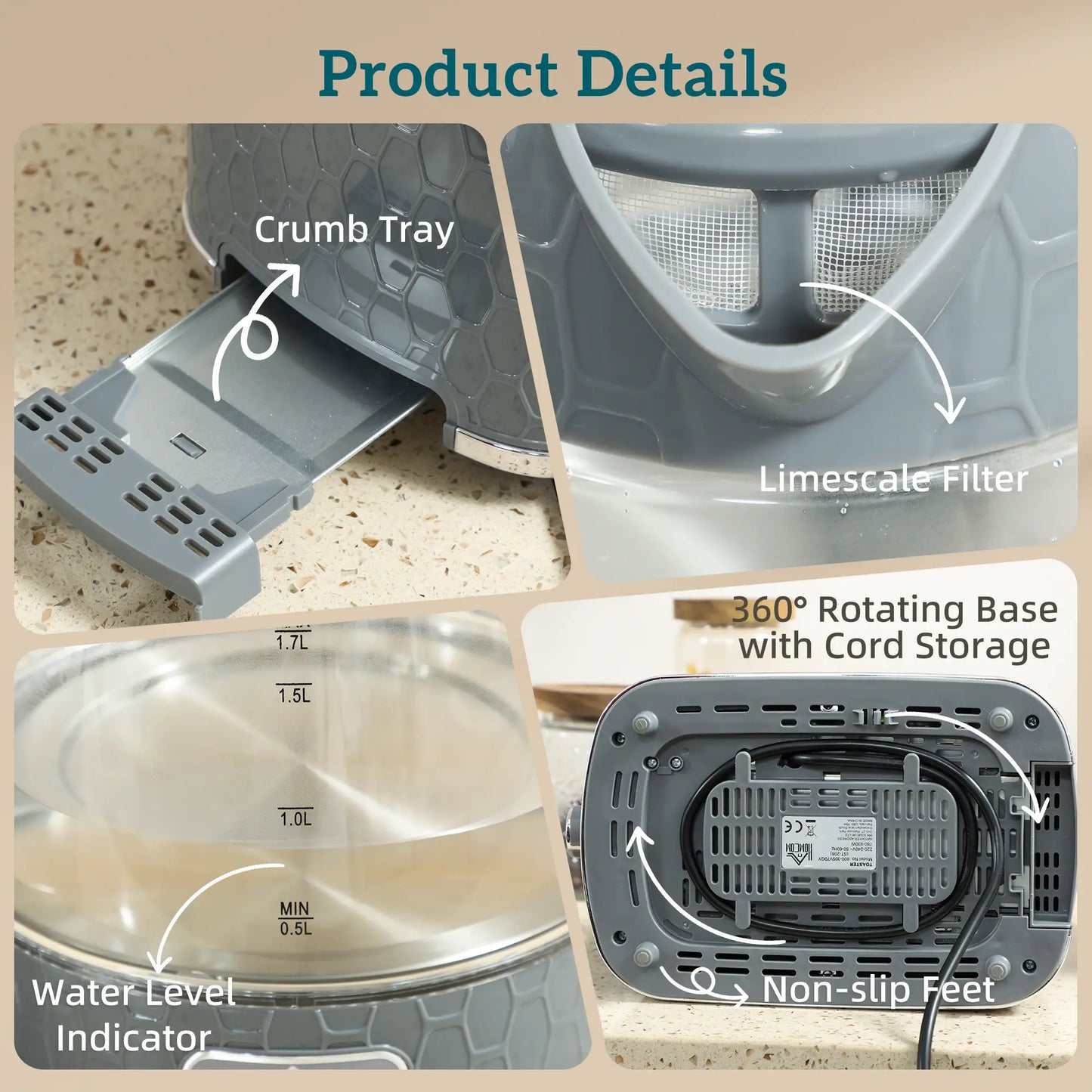 HOMCOM Kettle & Toaster Set, 1.7L 3000W Rapid Kettle, 2 Slice Toaster with 7 Browning Controls, Grey