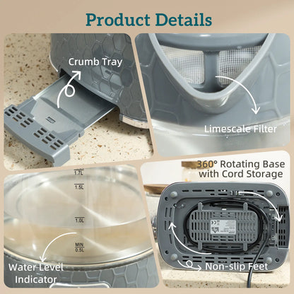 HOMCOM Kettle & Toaster Set, 1.7L 3000W Rapid Kettle, 2 Slice Toaster with 7 Browning Controls, Grey