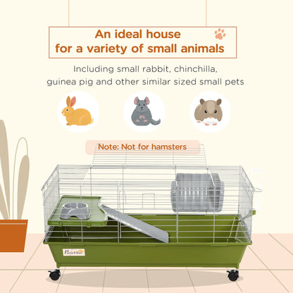 PawHut Small Animal Cage Rabbit Guinea Pigs Chinchillas Cage w/ Wheels, Water Bottle, Food Dish, Ramp, Green