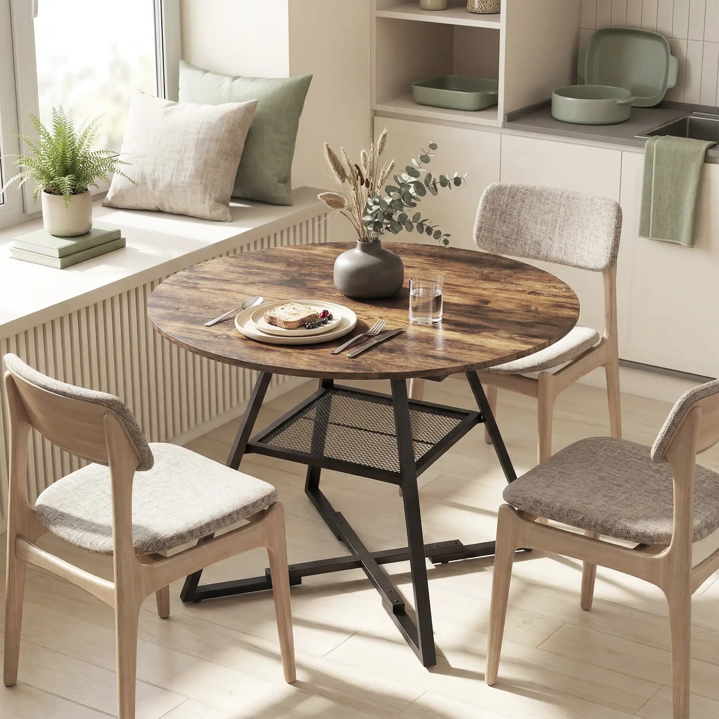 HOMCOM Dining Table for 4 People, Round Industrial Kitchen Table with Storage Shelf, Rustic Brown