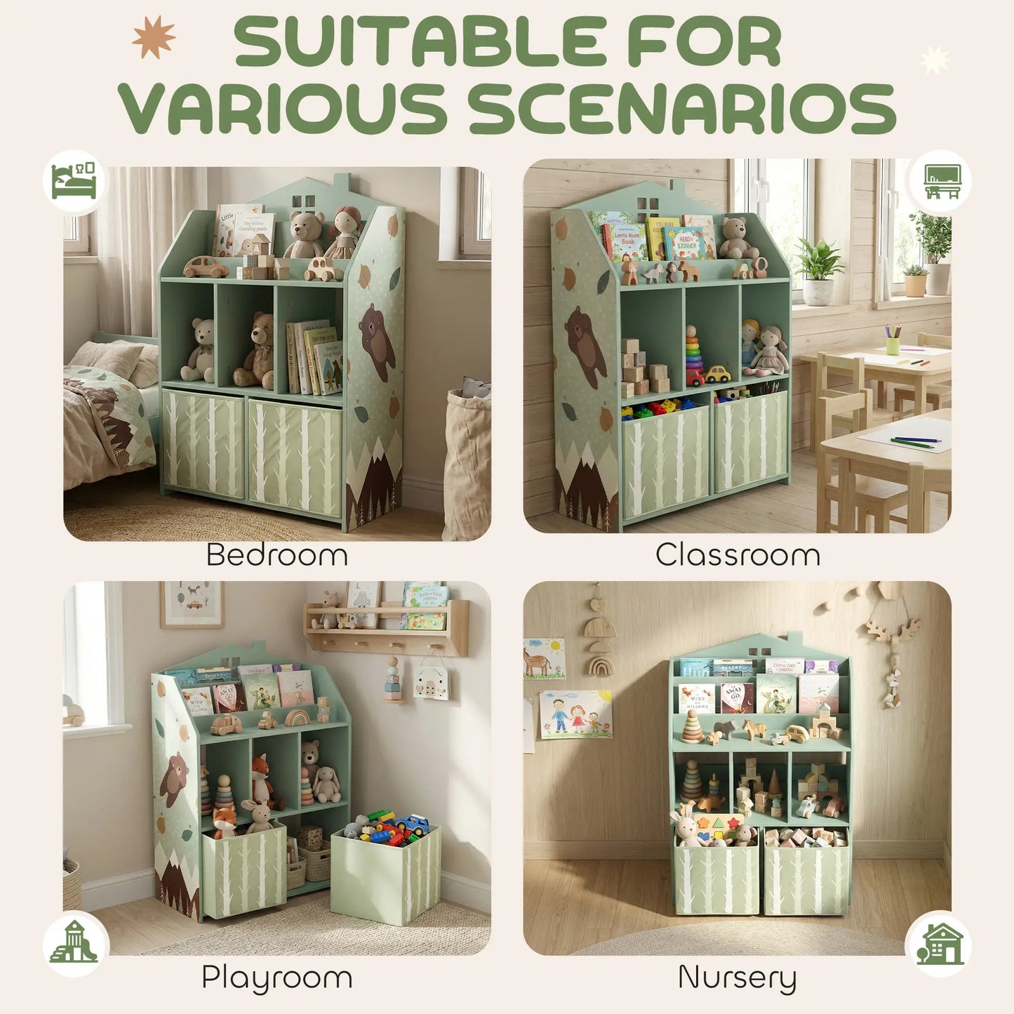 AIYAPLAY Kids Bookshelf with Toy Storage, Book Shelves and Fabric Drawers for Playroom, Green