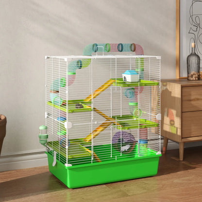 PawHut Hamster Cage w/ Water Bottle, Exercise Wheel, Tubes, Ramps - Green