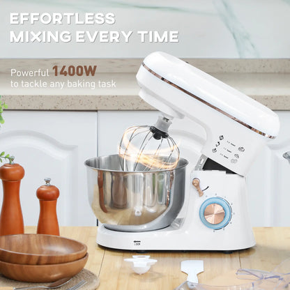 HOMCOM Stand Mixer, 5L Electric Kitchen Food Mixer 1400W with 6 Speeds & Pulse Setting, White