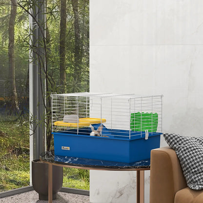 PawHut Chinchillas Small Rabbit Guinea Pig Small Animal Cage, Pet Playhouse with Platform, Ramp, Blue