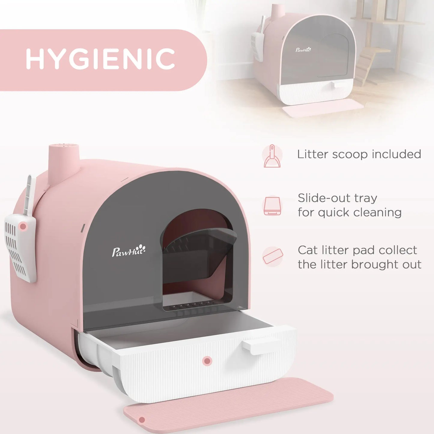 PawHut Hooded Cat Litter Box, Kitten Litter Tray with Lid, Scoop, Filter, Flap Door, Pink