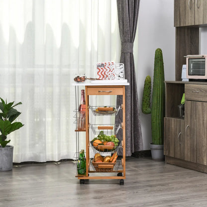 HOMCOM Rolling Kitchen Cart, Utility Storage Cart with 4 Basket Drawers & Side Racks, Wheels for Dining Room, Brown