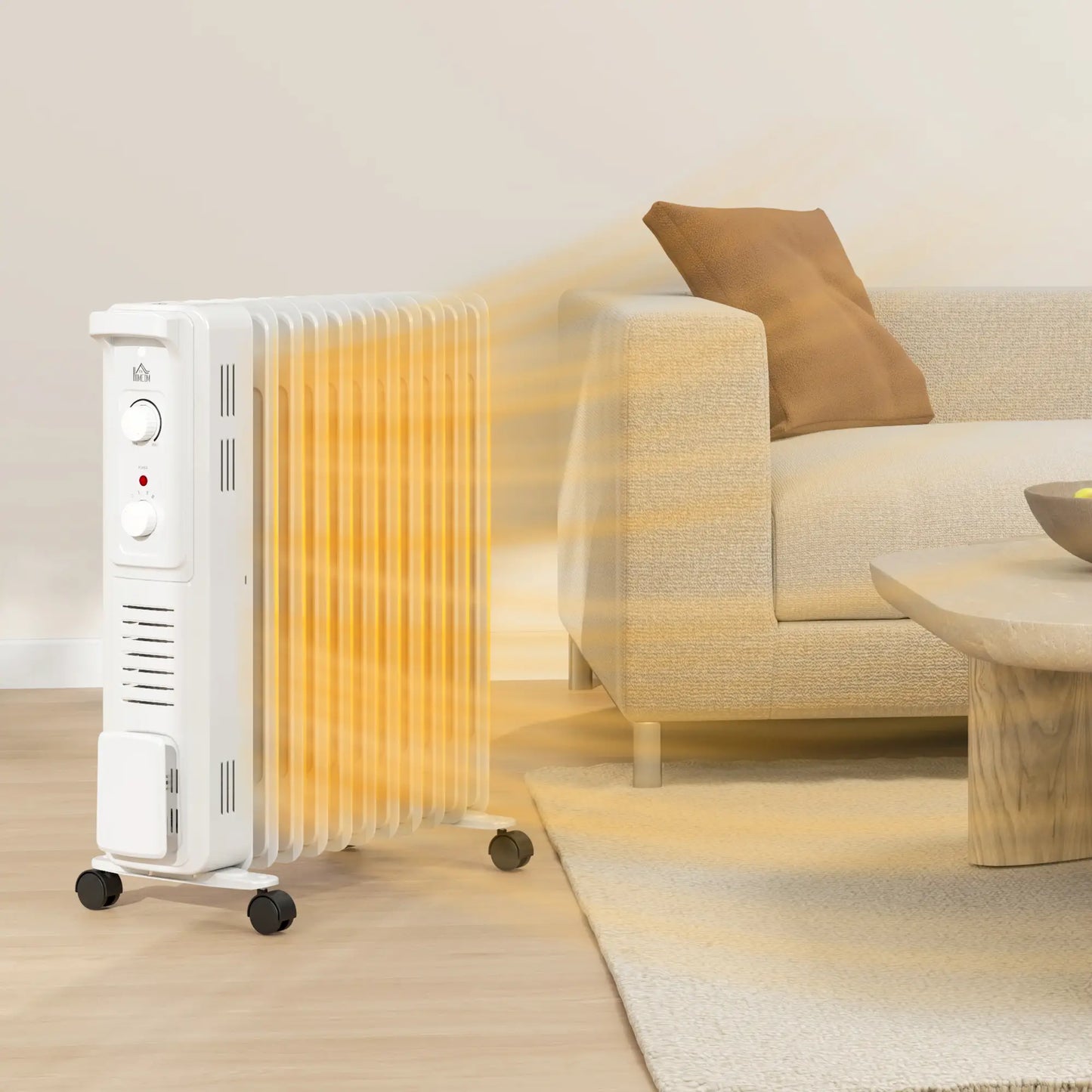 HOMCOM 2.5kW 11 Fin Oil-Filled Radiator, Portable Tower Heater, Auto Shut-Off - White