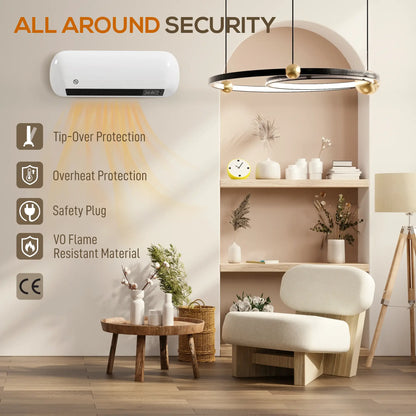 HOMCOM 2000W Ceramic Electric Heater with Fan, Adjustable Thermostat, Wall Mounted - White