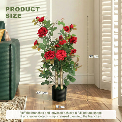 HOMCOM Artificial Rose Tree, Decorative Fake Plant with 344 Silk Leaves 17 Flowers, Red