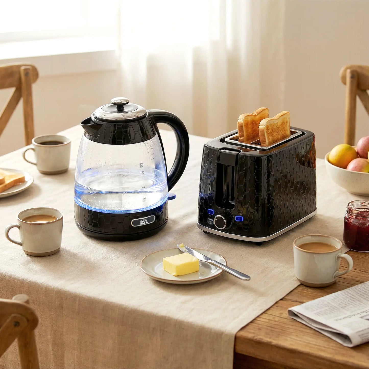 HOMCOM Rapid Kettle and 2 Slice Toaster Set, 1.7L 3000W with Limescale Filter & 7 Browning Controls, Black