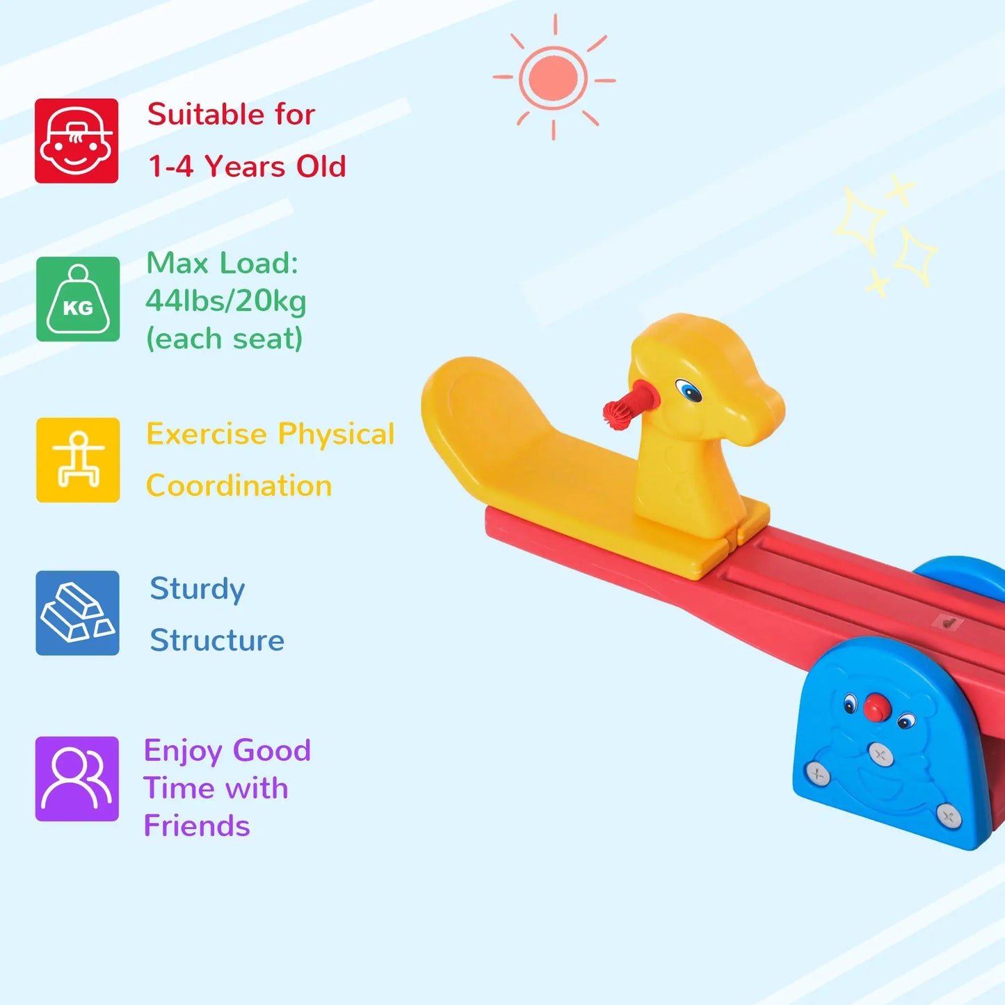 HOMCOM Kids Seesaw Safe Teeter Totter 2 Seats with Easy-Grip Handles, Safe, Indoor Outdoor Equipment, for 1-4 Years