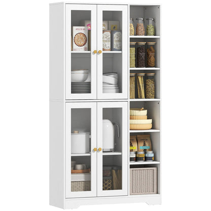 HOMCOM Multi-Storage Kitchen Cabinet, with Glass Doors - White Wood-Effect