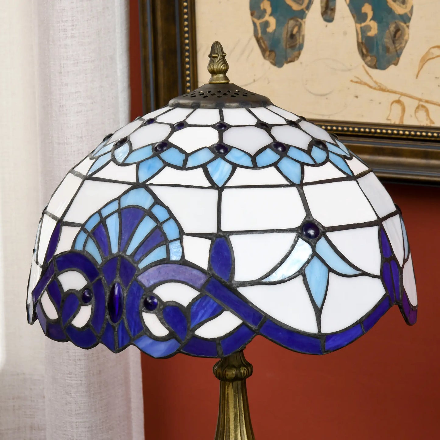 HOMCOM Tiffany Stained Glass Table Lamp, Handmade Antique Bedside Lamp, Nightstand, Night Light, Blue