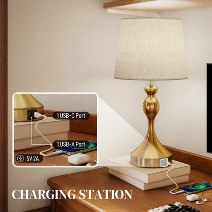 HOMCOM Bedside Lamps Set of 2, Modern Table Lamps with 3 Colour Temperatures, USB A+C Charging Ports & Linen Shade, Gold Tone